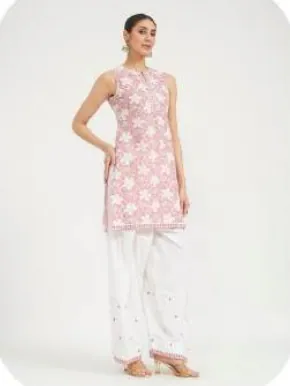 Pink Print Sleeveless Cotton Kurti & Farsi Salwar Set
