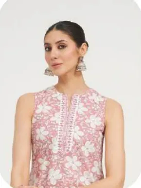 Pink Print Sleeveless Cotton Kurti & Farsi Salwar Set