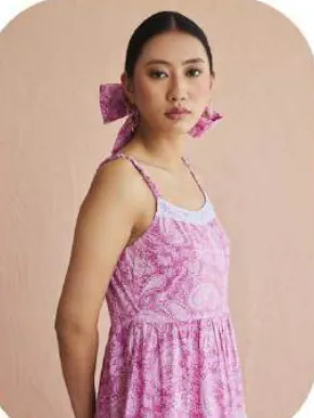 Pink Print Tiered Strappy Maxi Cotton Dress