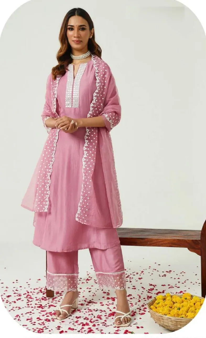 Pink Silk Blend Kurta Palazzo Set with Dupatta