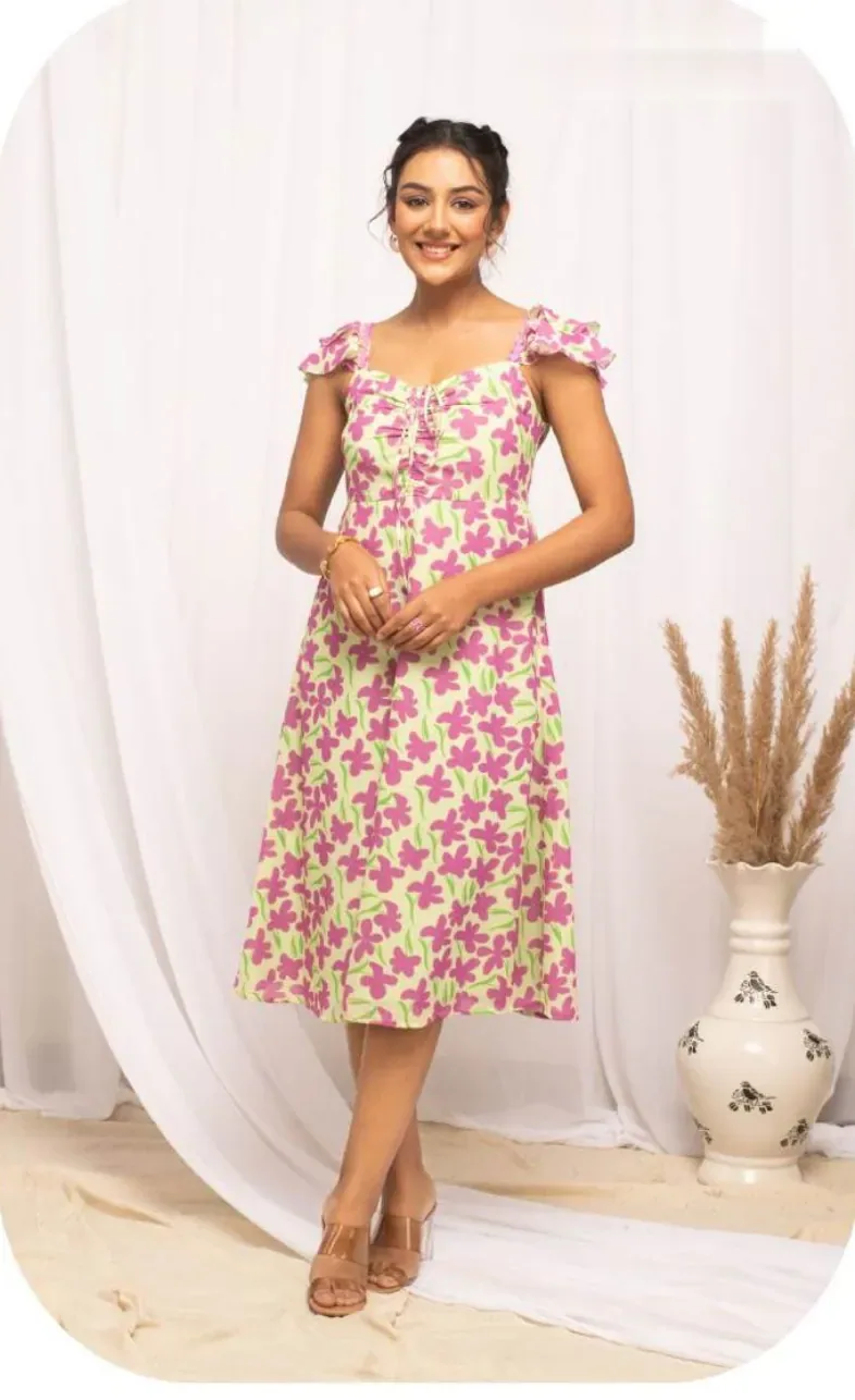 Pink Yellow Floral Strappy Georgette Dress