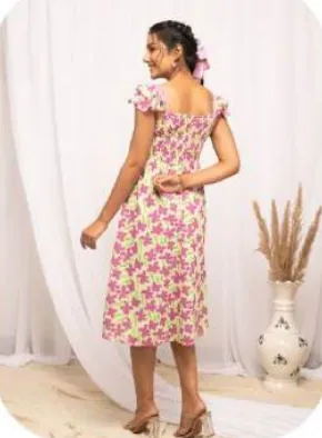 Pink Yellow Floral Strappy Georgette Dress