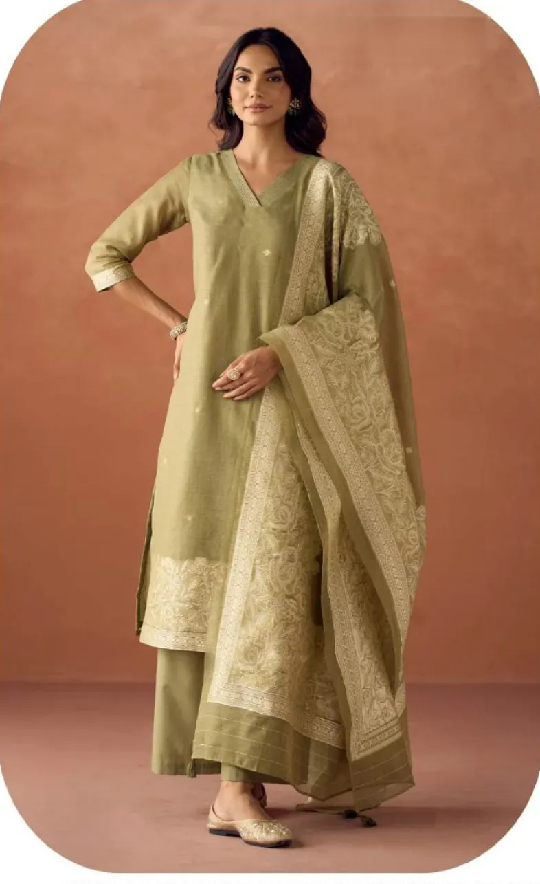 Pista Green Cotton Blend Jacquard Kurta Palazzo Set with Dupatta