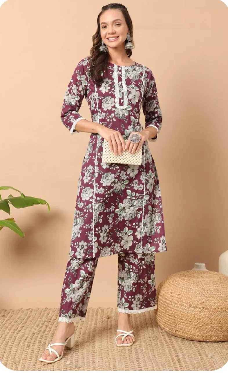 Plum Floral Print Cotton Kurti Pant Set