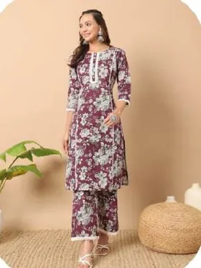 Plum Floral Print Cotton Kurti Pant Set