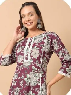 Plum Floral Print Cotton Kurti Pant Set