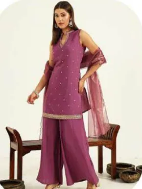 Plum Magenta Sleeveless Viscose Chanderi Kurta Set with Dupatta