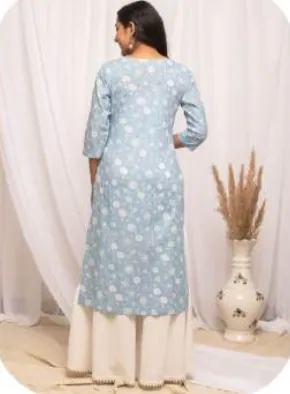 Powder Blue Floral Print Cotton Kurti