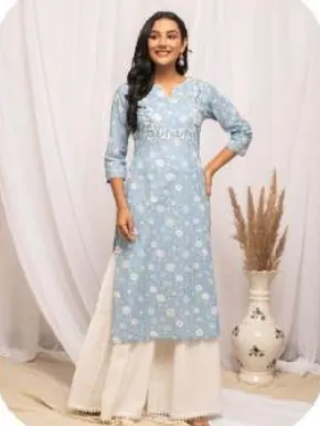 Powder Blue Floral Print Cotton Kurti