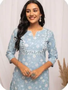 Powder Blue Floral Print Cotton Kurti