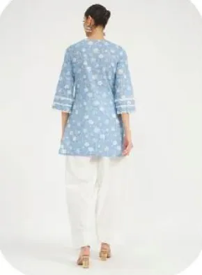 Powder Blue Print Short Cotton Kurti & Farsi Salwar Set