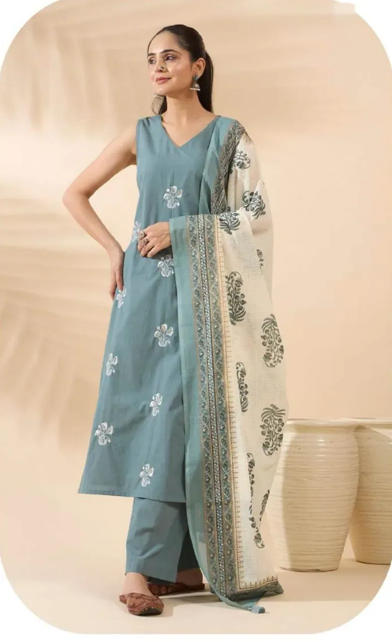 Powder Blue Straight Cotton Kurta Set with Dupatta