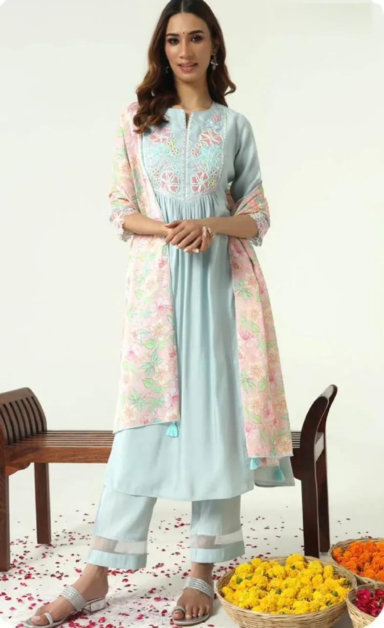 Powder Blue Viscose Chanderi Kurta Set with Dupatta