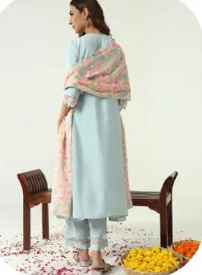 Powder Blue Viscose Chanderi Kurta Set with Dupatta