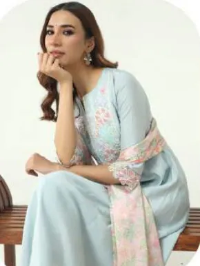 Powder Blue Viscose Chanderi Kurta Set with Dupatta