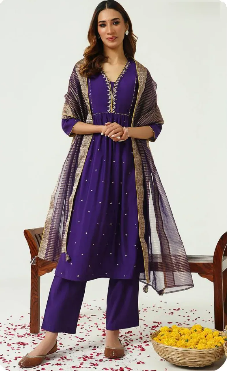 Purple Embroidered Chanderi Kurta Set with Dupatta