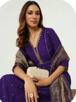 Purple Embroidered Chanderi Kurta Set with Dupatta