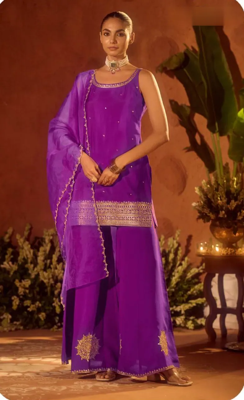 Purple Viscose Chanderi Kurta Set with Dupatta