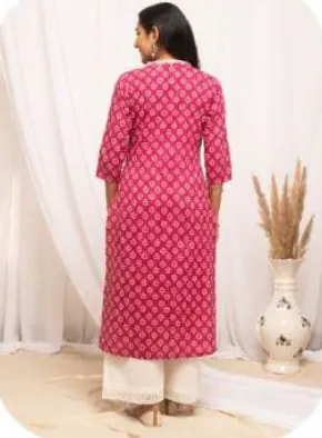 Rani Pink Printed Straight Cotton Kurti