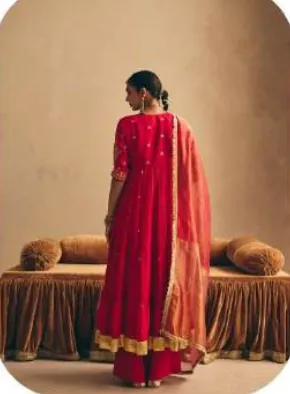 Red Anarkali Mul Chanderi Kurta Palazzo Set with Dupatta