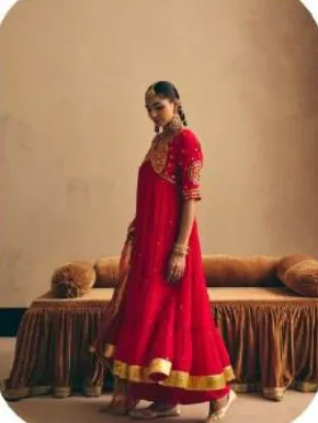 Red Anarkali Mul Chanderi Kurta Palazzo Set with Dupatta