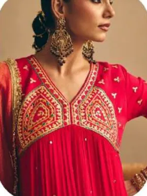 Red Anarkali Mul Chanderi Kurta Palazzo Set with Dupatta