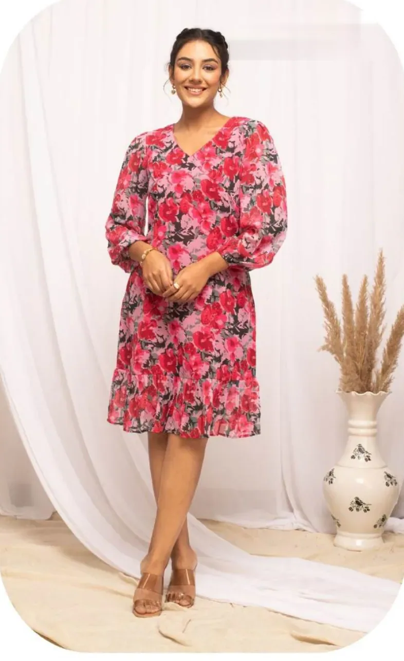 Red Floral Print Midi Georgette Dress