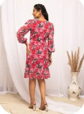 Red Floral Print Midi Georgette Dress