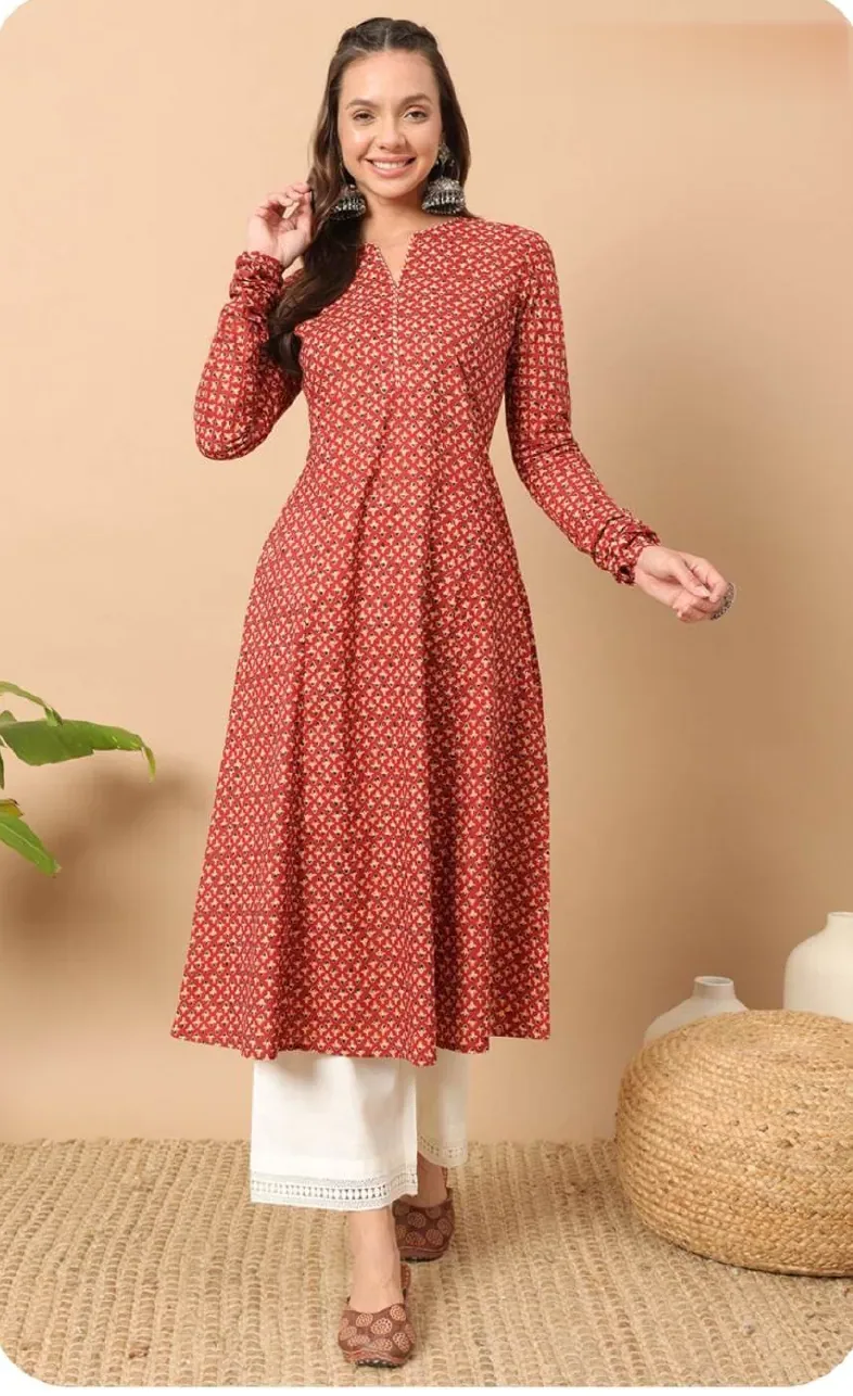 Red Printed A-Line Cotton Kurti