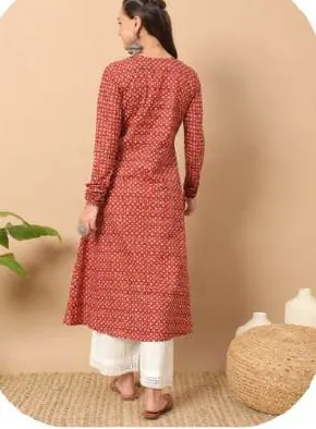 Red Printed A-Line Cotton Kurti