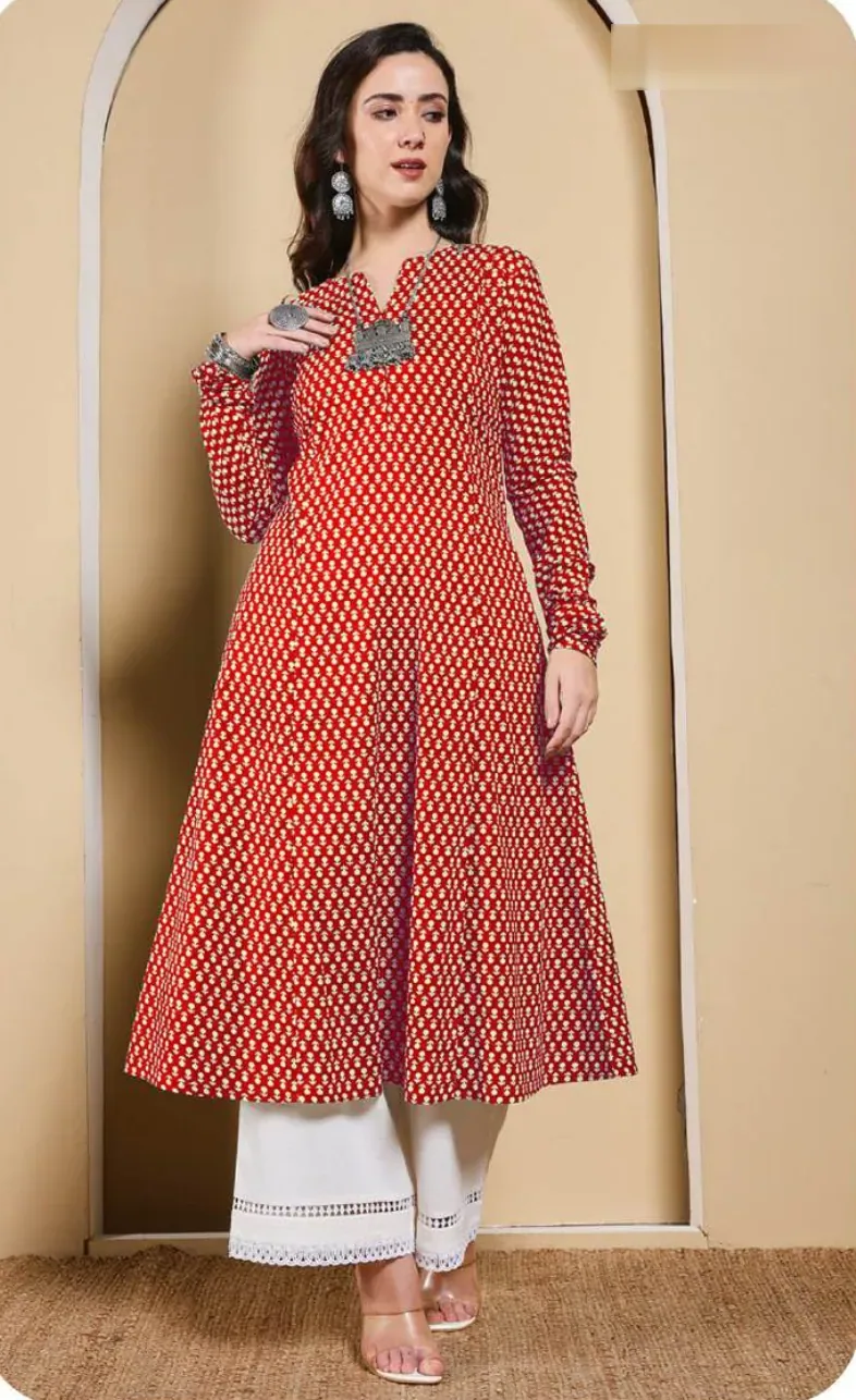 Red Printed A-Line Cotton Kurti