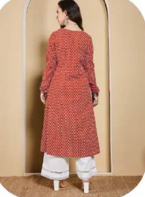 Red Printed A-Line Cotton Kurti