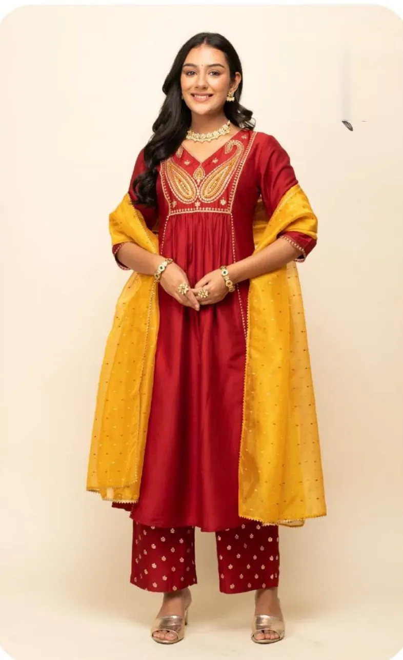 Red Silk Blend Kurta Set with Dupatta