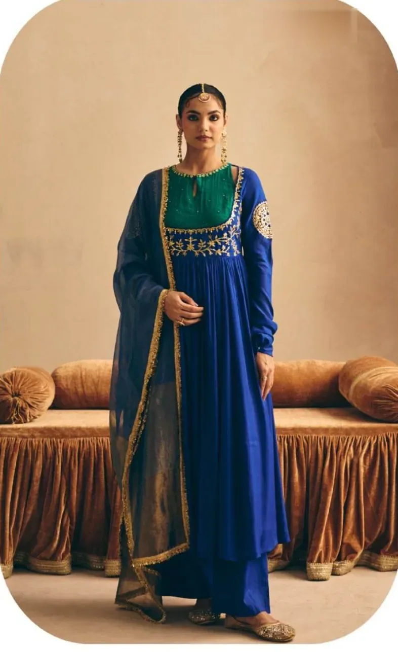 Royal Blue Anarkali Mul Chanderi Kurta Palazzo Set with Dupatta
