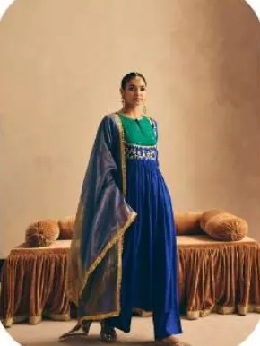 Royal Blue Anarkali Mul Chanderi Kurta Palazzo Set with Dupatta
