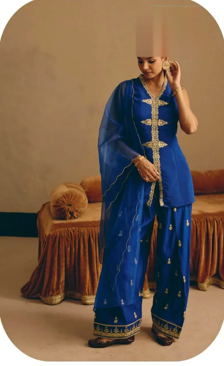 Royal Blue Embroidered Viscose Chanderi Kurta Palazzo Set with Dupatta