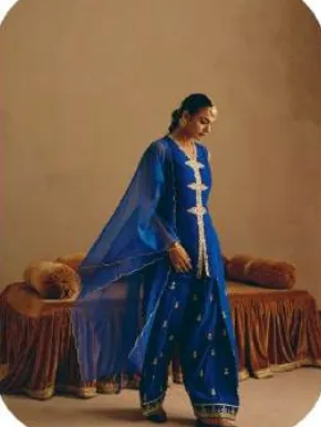 Royal Blue Embroidered Viscose Chanderi Kurta Palazzo Set with Dupatta