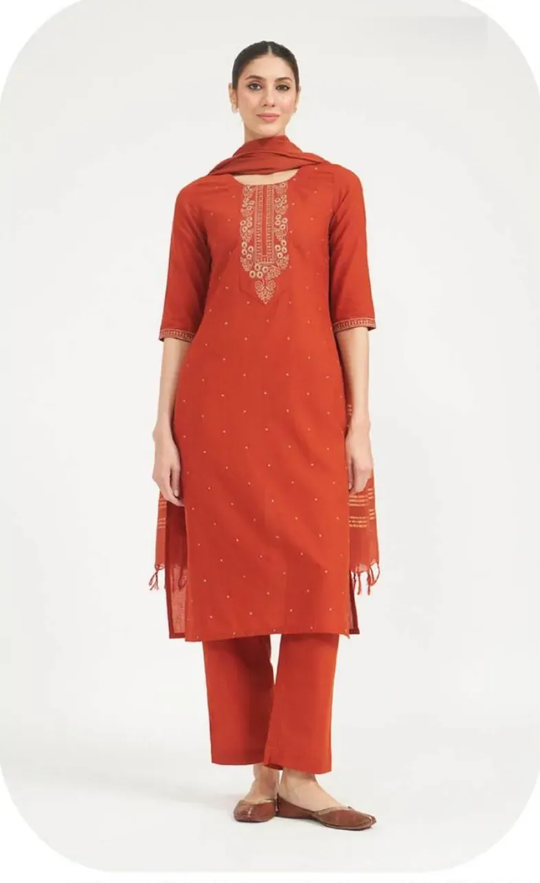 Rust Orange Embroidered Yoke Linen Kurta Set with Dupatta