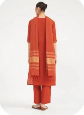 Rust Orange Embroidered Yoke Linen Kurta Set with Dupatta