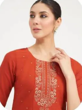 Rust Orange Embroidered Yoke Linen Kurta Set with Dupatta