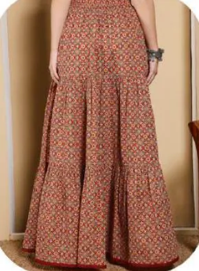 Rust Printed Cotton Tiered Skirt