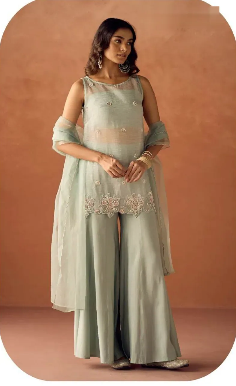 Sage Green Crush Organza Kurta Sharara Set with Dupatta