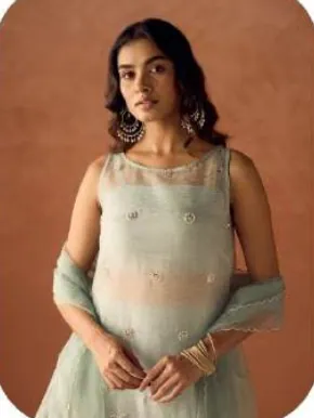 Sage Green Crush Organza Kurta Sharara Set with Dupatta