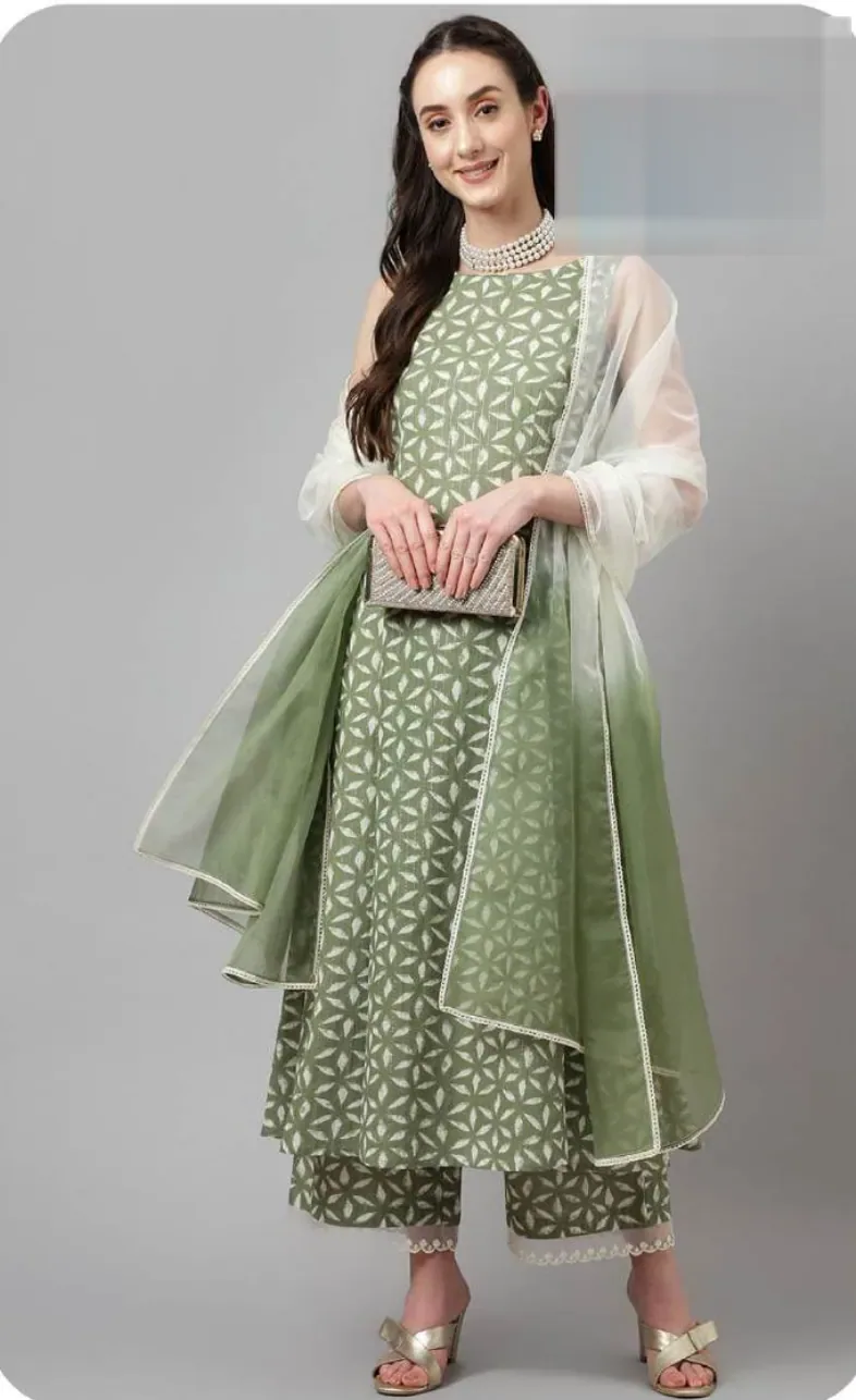 Sage Green Print Anarkali Lurex Cotton Kurta Palazzo Set with Dupatta