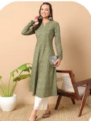 Sage Green Printed A-Line Cotton Kurti