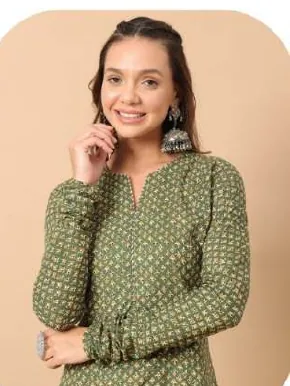 Sage Green Printed A-Line Cotton Kurti