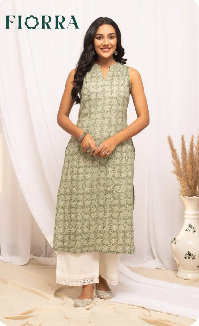 Sage Green Printed Sleeveless Pure Cotton Kurti
