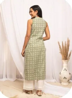 Sage Green Printed Sleeveless Pure Cotton Kurti