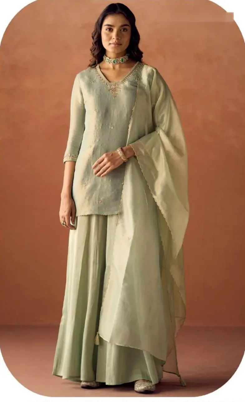 Sage Green Tissue Blend Kurta Palazzo Set with Dupatta