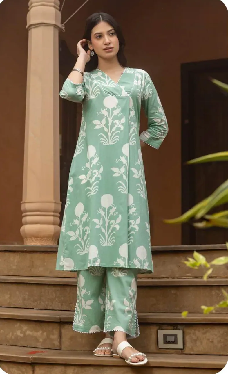 Sea Green Floral Print Cotton Kurti Pant Set